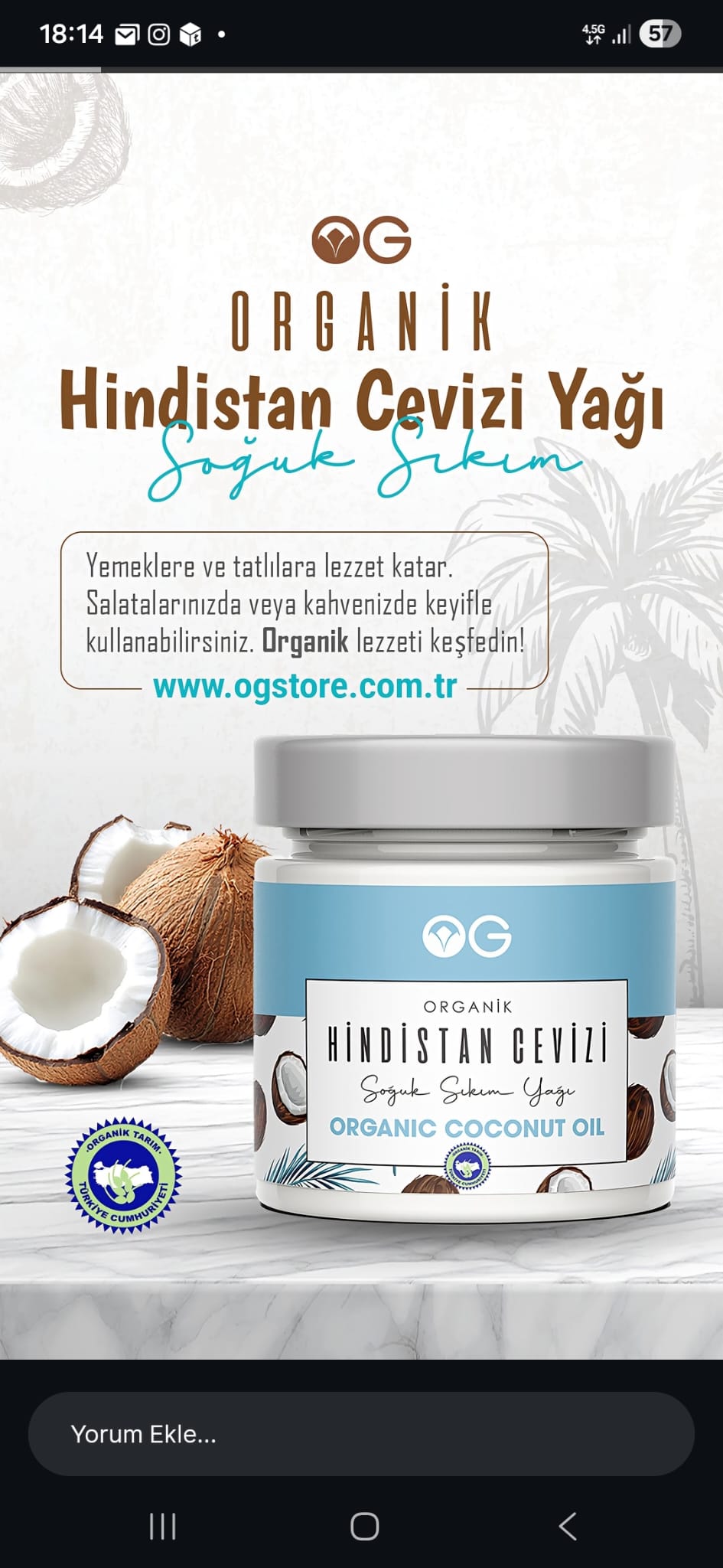 OG 170 gr Organik Hindistan Cevizi Yağı